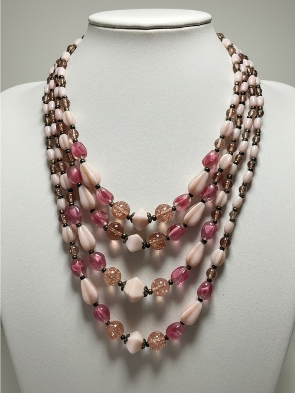 Vintage West German 4-Strand Pink Art Glass Bead Waterfall Necklace